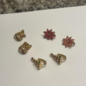 Lot Of 3 Gold Tone Christmas Clip-On Clip On Earrings Holiday